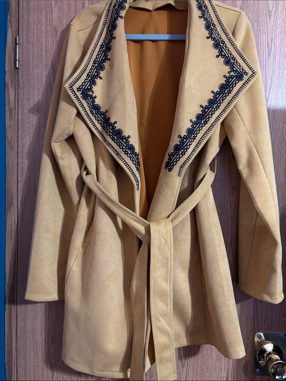 Solitaire Camel Trench Coat with Black Embroidered Collar